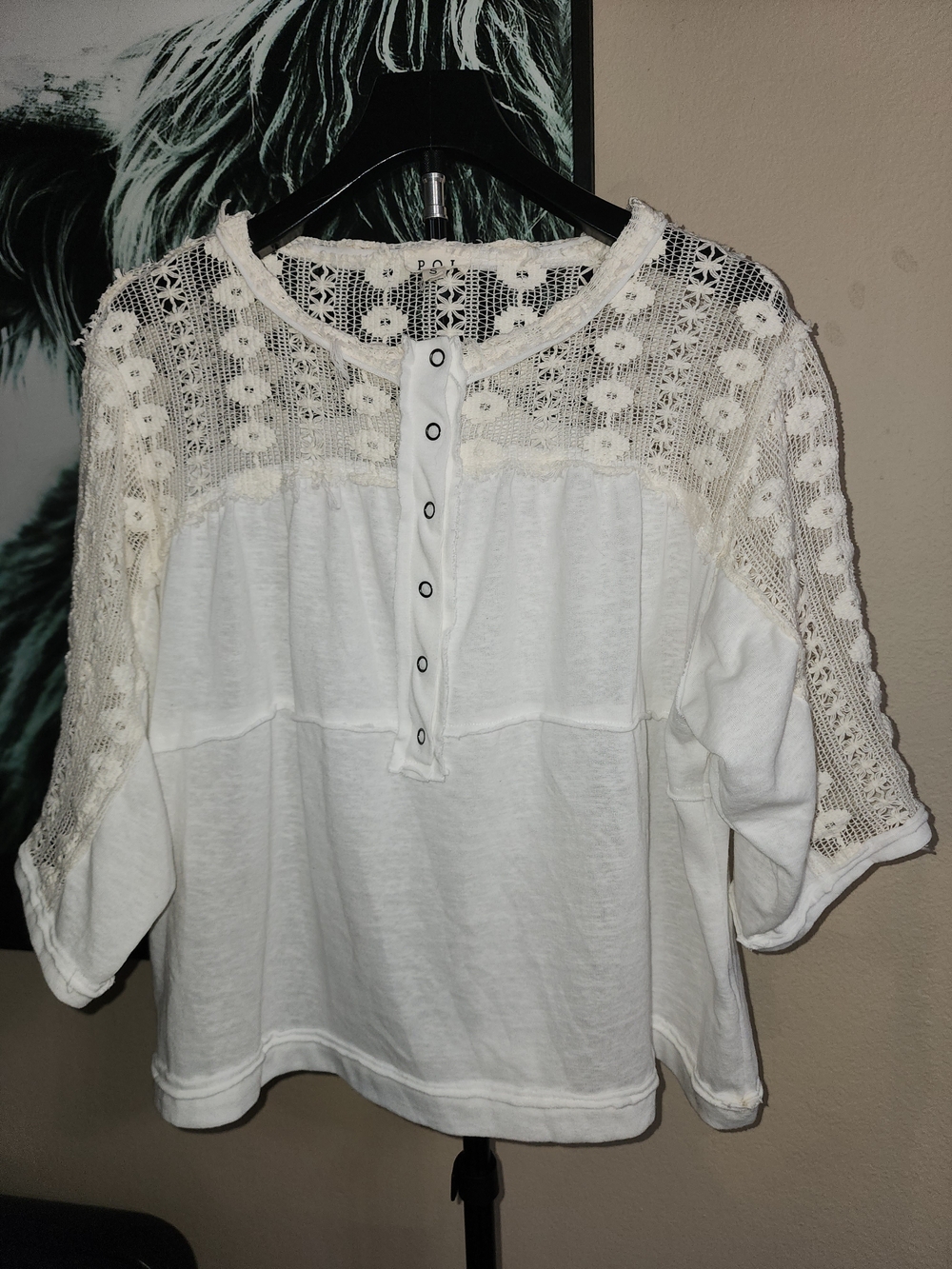POL White Crochet Yoke Button-Front Blouse